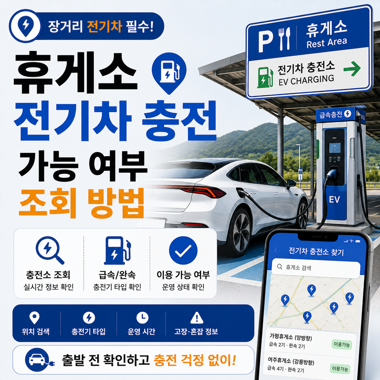 고속도로 휴게소에서 전기차를 충전하는 모습
