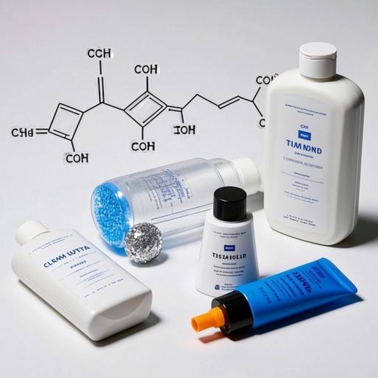 깨끗한 화이트 배경에 다양한 자외선 차단제 제품들이 정갈하게 배열되어 있고, 각 제품 옆에 주요 성분(징크옥사이드, 티타늄디옥사이드 등)을 나타내는 화학 구조식이나 성분명이 표시된 모습. 현미경으로 본 미네랄 입자들과 자외선이 반사되는 모습을 시각적으로 표현한 다이어그램도 포함. 전문적이면서도 깔끔하고 신뢰감 있는 의료/과학적 분위기.