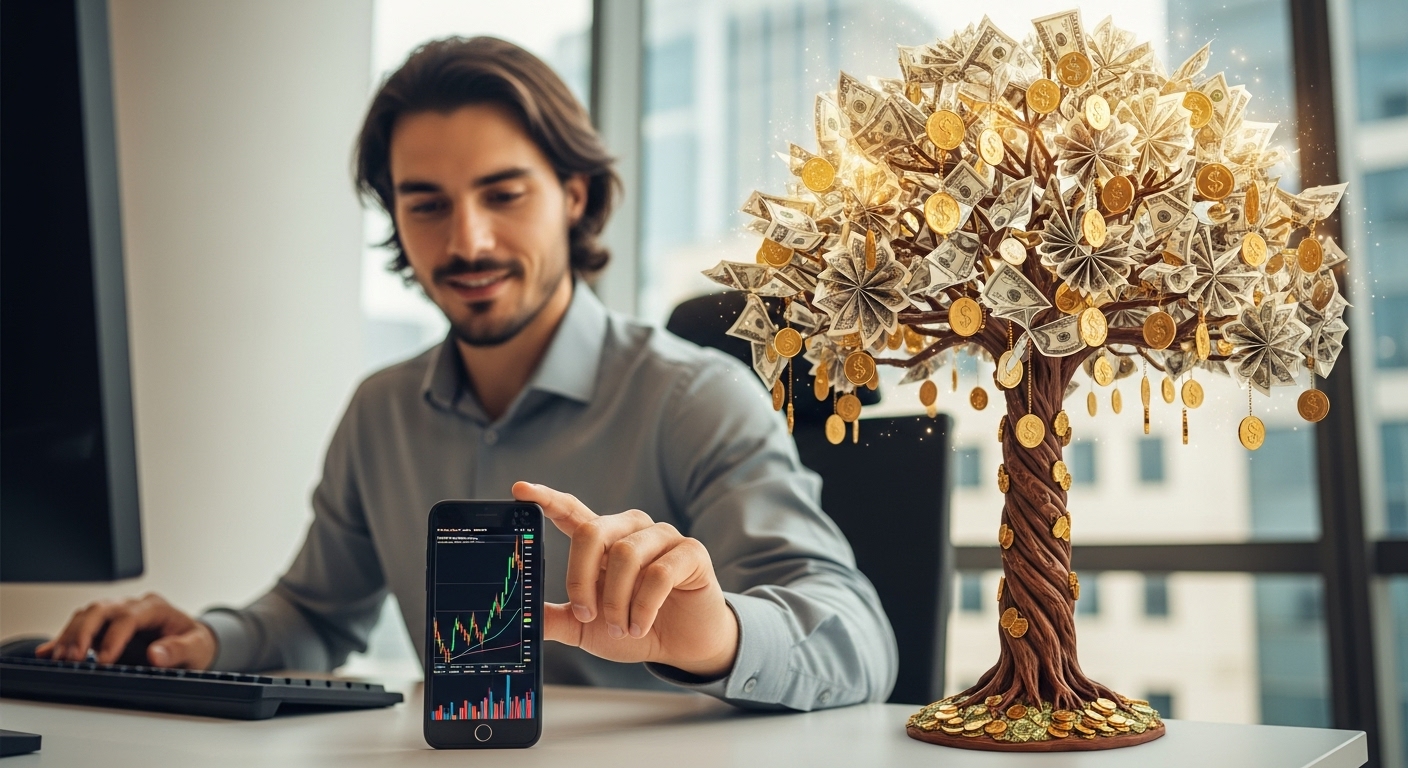 스마트폰 주식 앱을 삭제(?)하거나 비밀번호를 잊어버린 채, 본업에 열중하는 직장인의 모습과 그 뒤로 무럭무럭 자라는 황금 나무