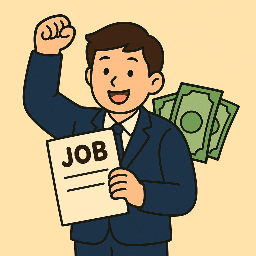 밝은 배경 속에서 JOB 문서를 들고 기뻐하는 남성의 일러스트. 배경에는 지폐 묶음이 함께 그려져 있어 국민취업지원제도(구직촉진수당)의 혜택을 상징적으로 표현한 장면.