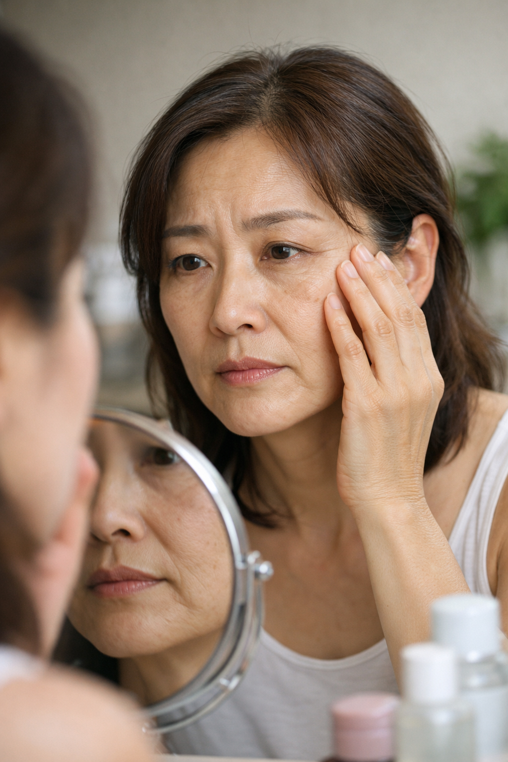 갱년기 이후 피부 탄력 저하와 주름을 확인하는 한국 중년 여성의 모습