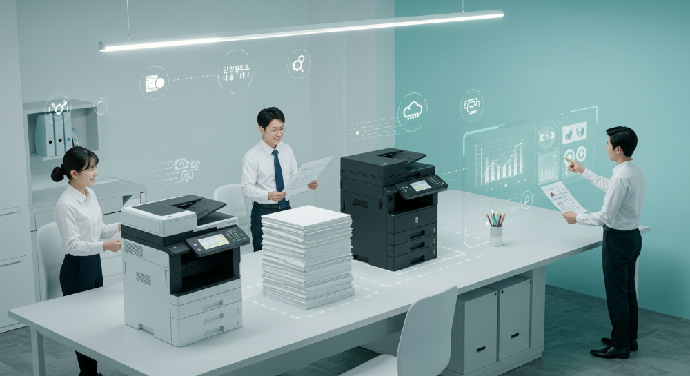 다양한 업무 환경에 맞춰 컬러 및 흑백 레이저 프린터를 스마트하게 선택하는 방법을 보여주는 현대적인 사무실 풍경