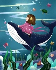 분홍-옷을-입은-여자-아이가-돌고래-등에앉자-편안히-바닷속을-지나가는-일러스트