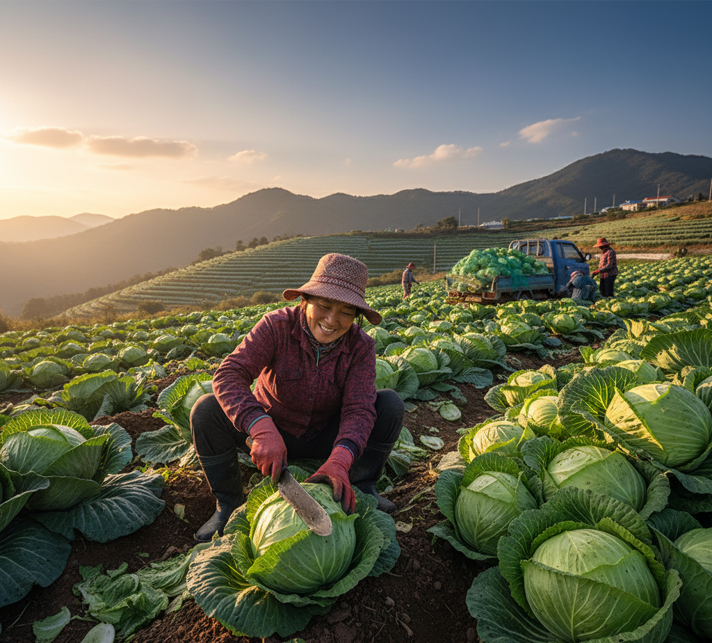 강원도 고랭지 배추밭에서 배추를 수확하는 농부