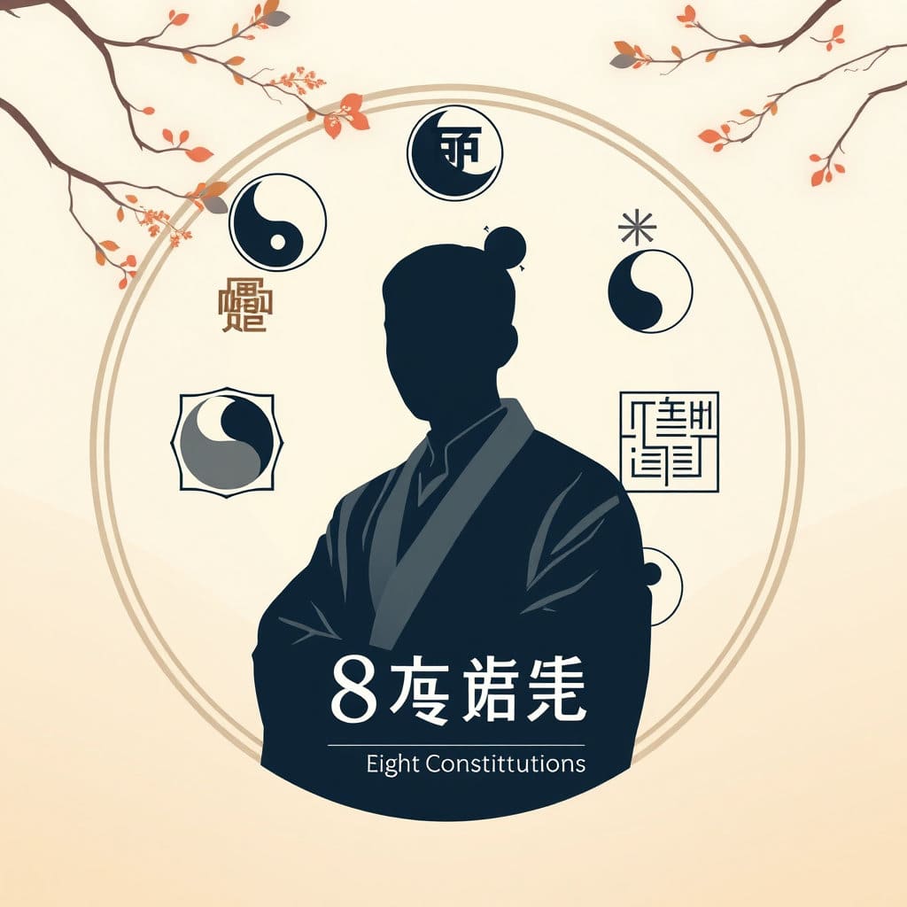 동양적인 배경에 한의학 서적과 함께 권도원 한의사의 초상화 또는 실루엣이 중앙에 배치됩니다. 주변에는 '8체질'이라는 글자와 함께 음양오행을 상징하는 간결한 아이콘들이 조화롭게 어우러져, 전통과 현대가 만나는 지점을 표현합니다. 차분하고 신뢰감을 주는 색감을 사용합니다.