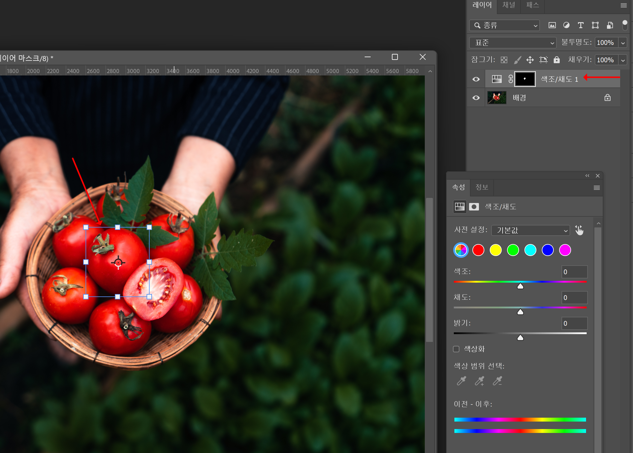 조정 패널에서 색조/채도로 조절하기
