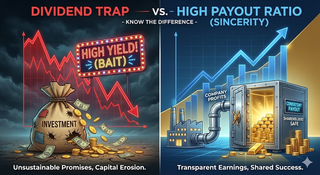 '배당 함정' vs '진짜 배당주' 비교 인포그래픽. 왼쪽은 주가가 폭락해 배당률만 높아 보이는 함정 이미지, 오른쪽은 이익을 주주와 나누는 건강한 배당 성향 이미지
