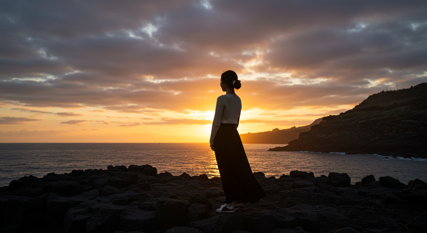 제주 해안의 현무암 절벽에 서서 석양을 바라보는 한국인 여성의 실루엣