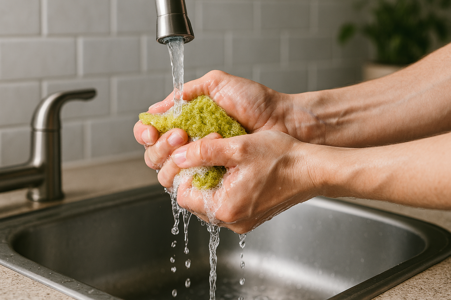 세제 잔여물을 제거하기 위해 수세미를 깨끗이 헹구는 장면