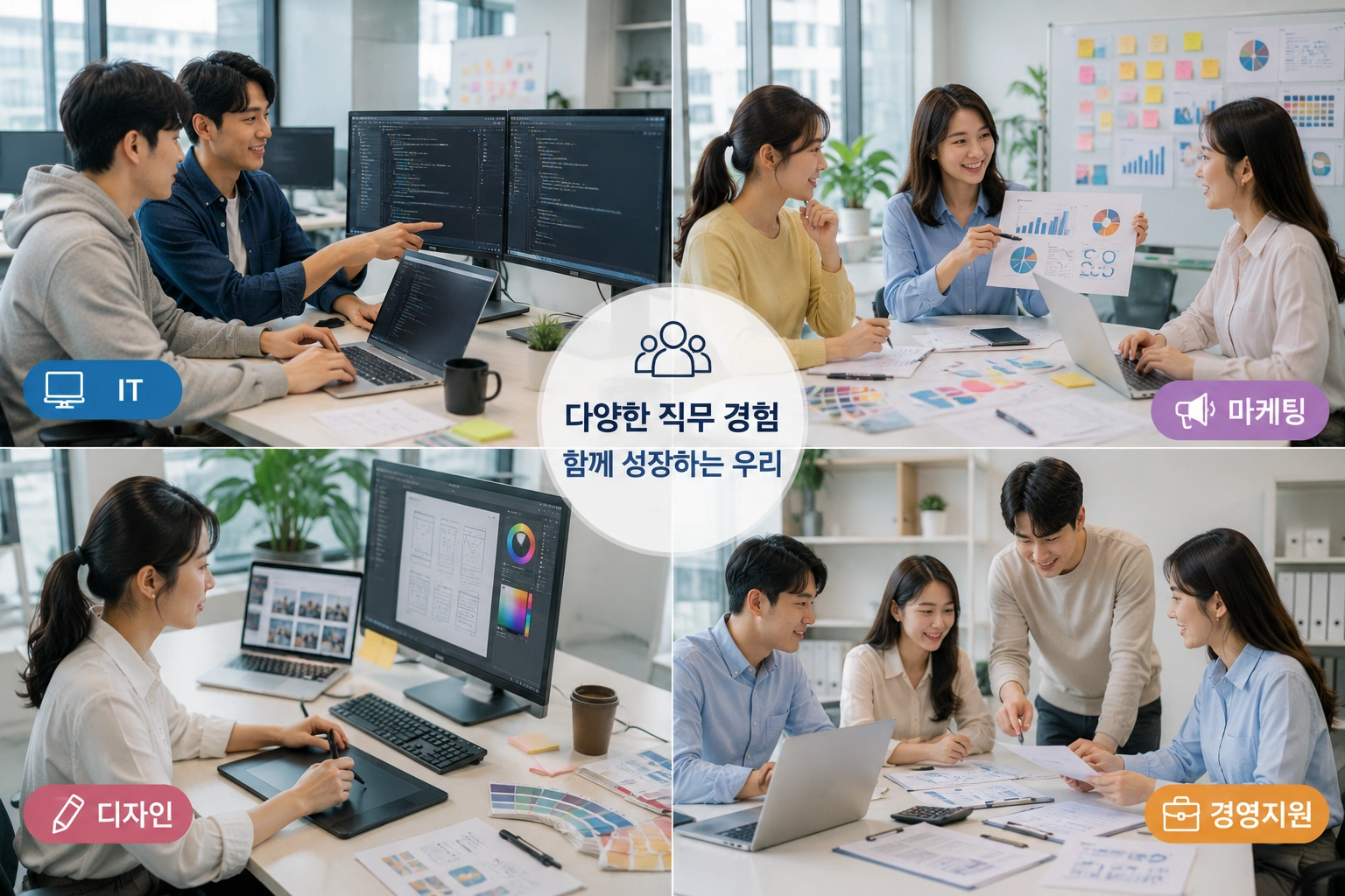 다양한 직무를 경험하는 청년들의 협업 모습