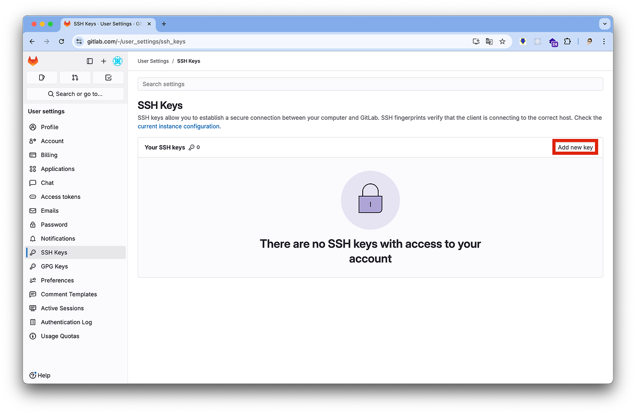 GitLab에서 Add new key 버튼 클릭 후 SSH 키를 입력하는 화면
