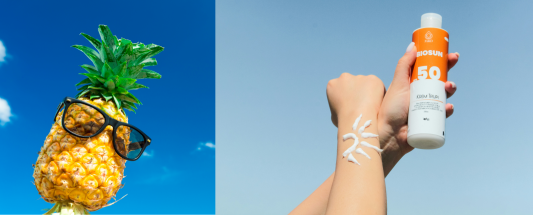 봄 자외선을 대비해 선글라스를 쓴 파인애플과 자외선 차단제를 바르는 모습