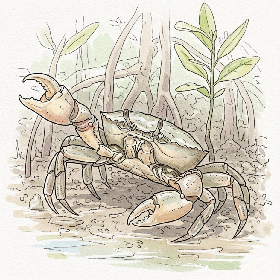 자연 속 머드크랩의 모습을 담은 수채화 삽화
