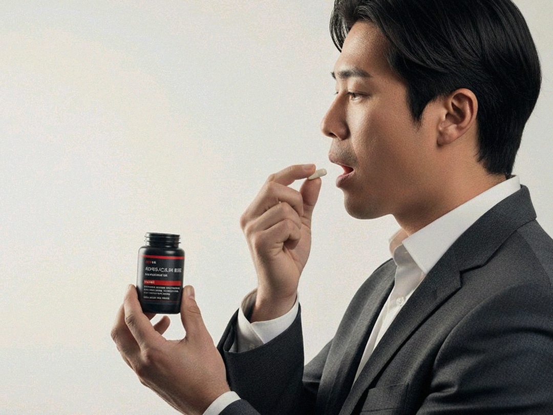 Korean Asian man 40s holding supplement bottle in gym locker room