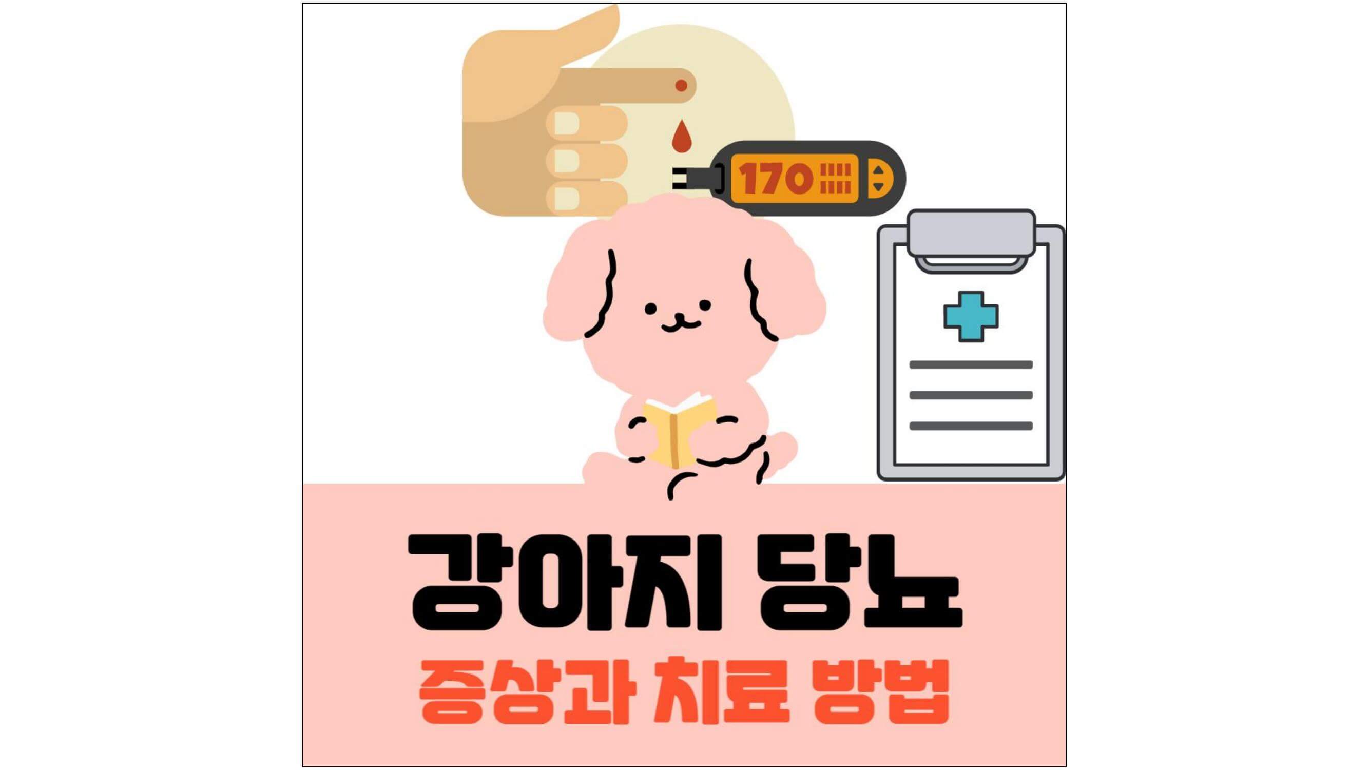 혈당계로-혈당을-재는-그림과-강아지가-앉아서-책을-보는-그림과-강아지-당뇨-증상과-치료-방법-글씨가-적혀-있는-표지