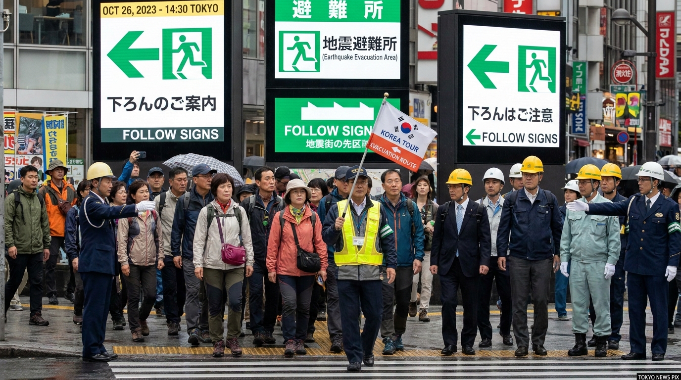 일본 지진 발생 시 안전하게 대피하는 한국인 여행객들의 모습