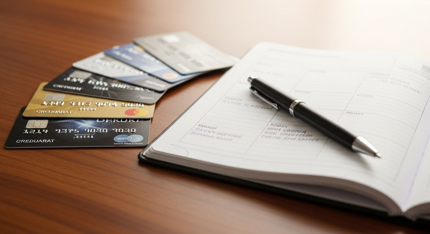 여러 장의 신용카드와 펜&amp;#44; 다이어리가 나무 책상 위에 놓인 모습