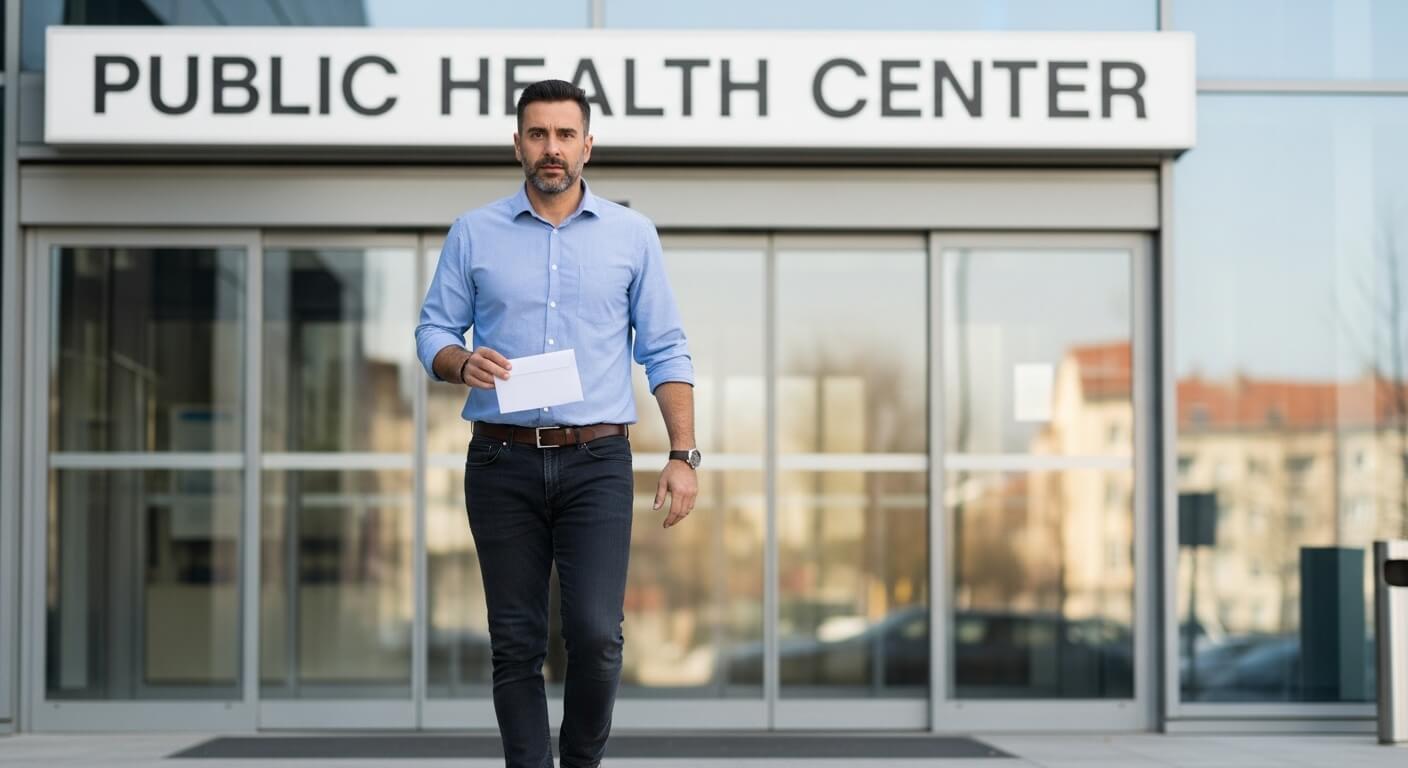 보건소 건물 밖으로 서류를 들고 나오는 남성