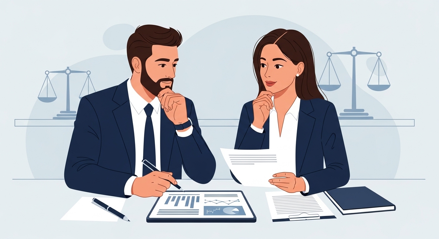전문직 남녀가 앉아 재산 관련 서류를 살펴보며 진지하게 대화하는 모습. 결혼 전 현명한 재산 분할 준비를 상징합니다.