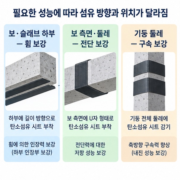 보와 슬래브의 휨 보강, 보의 전단 보강, 기둥의 구속 보강을 탄소섬유 적용 위치별로 비교한 이미지