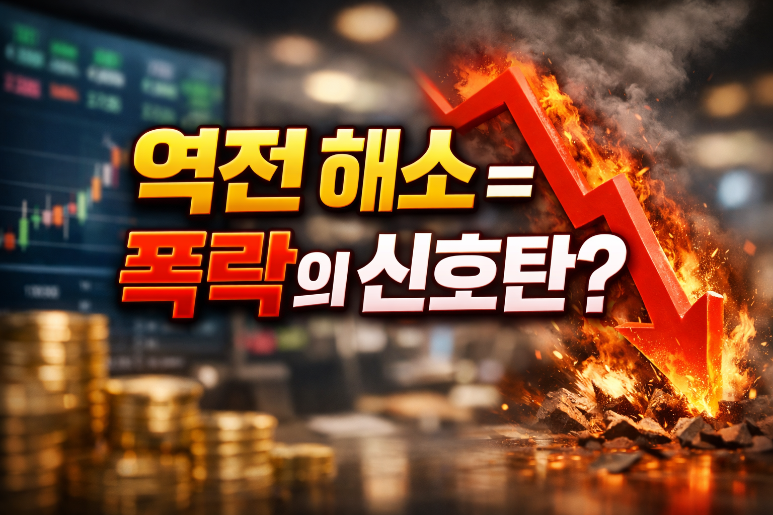 장단기 금리차 역전 해소와 폭락 신호를 상징하는 불타는 하락 화살표와 주식 차트, 금화 이미지