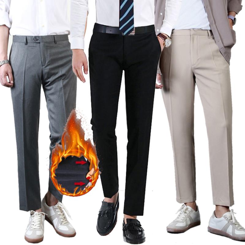 남성 기모 바지 남자 슬랙스 겨울 정장바지 와이드 스판 면 빅사이즈 팬츠 밴딩 9부