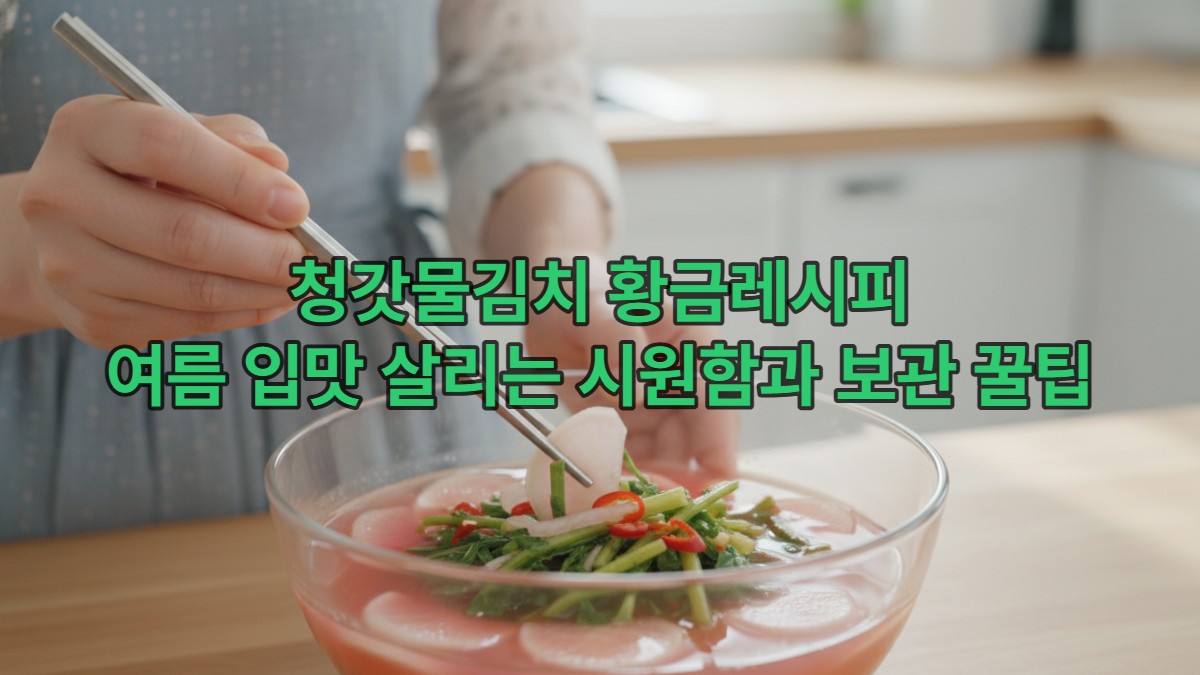 갓 담근 듯 신선하고 아삭한 청갓물김치가 맑은 국물에 잠겨있는 모습. 시원하고 개운한 여름 별미를 연상시킵니다.
