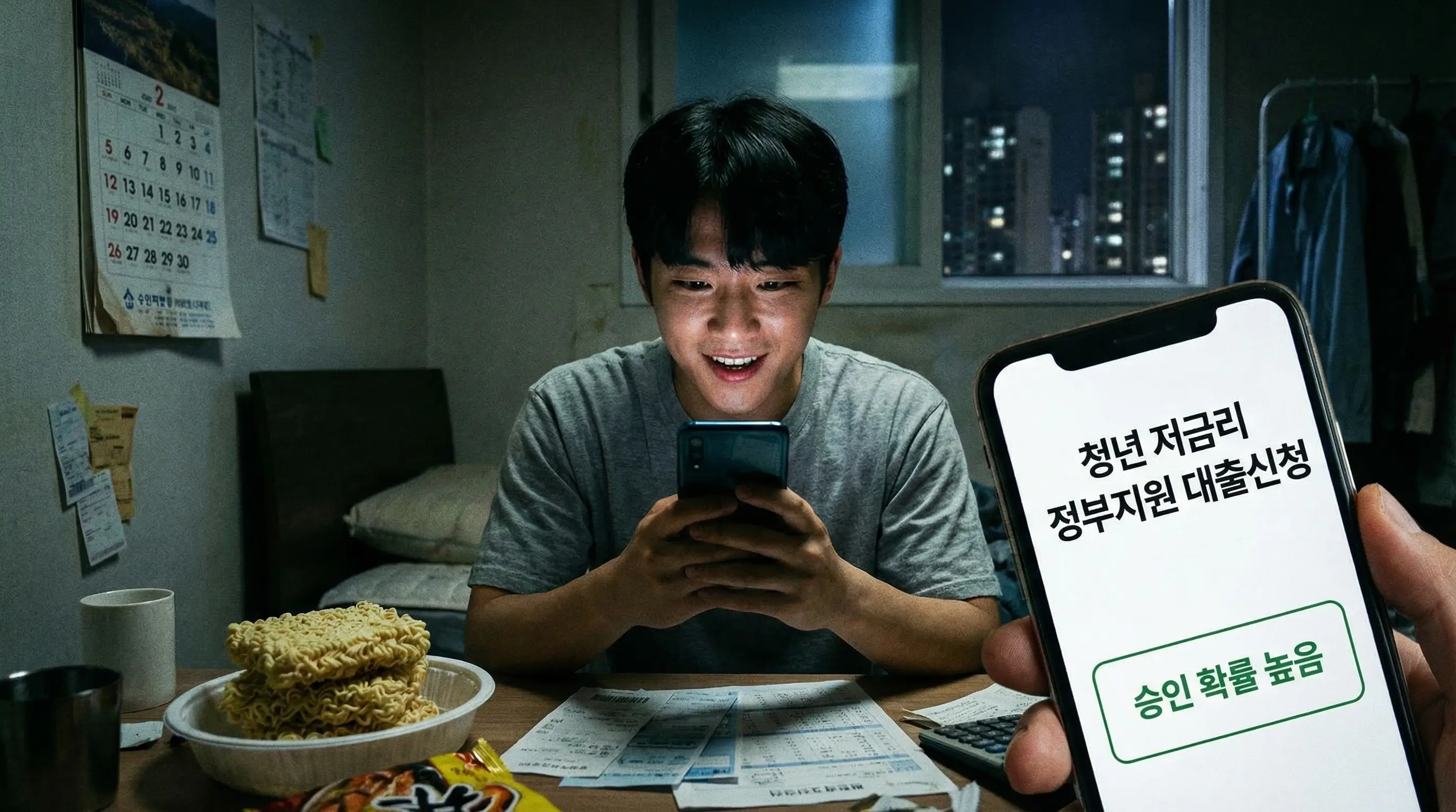 생활비 걱정에 시달리는 청년이 스마트폰으로 저금리 정부 지원 대출을 발견하고 희망을 갖는 모습