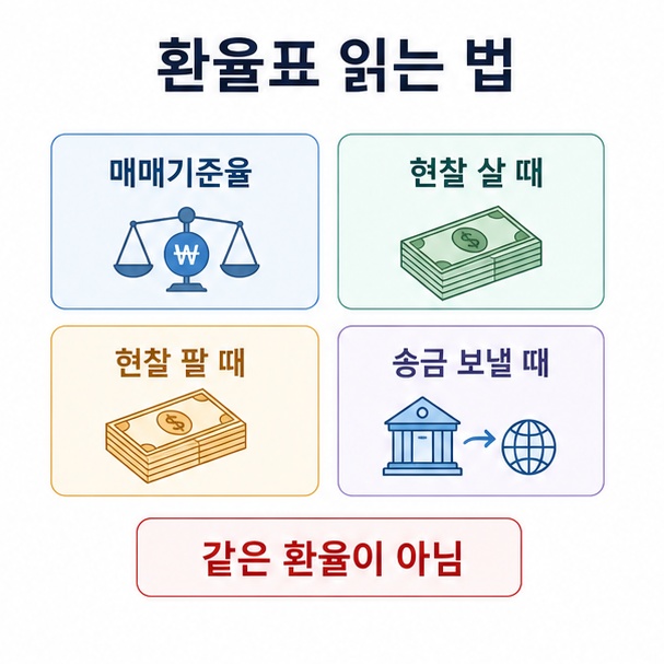 매매기준율, 현찰 살 때, 현찰 팔 때, 송금 보낼 때 환율이 서로 다르다는 점을 비교한 환율표 이미지