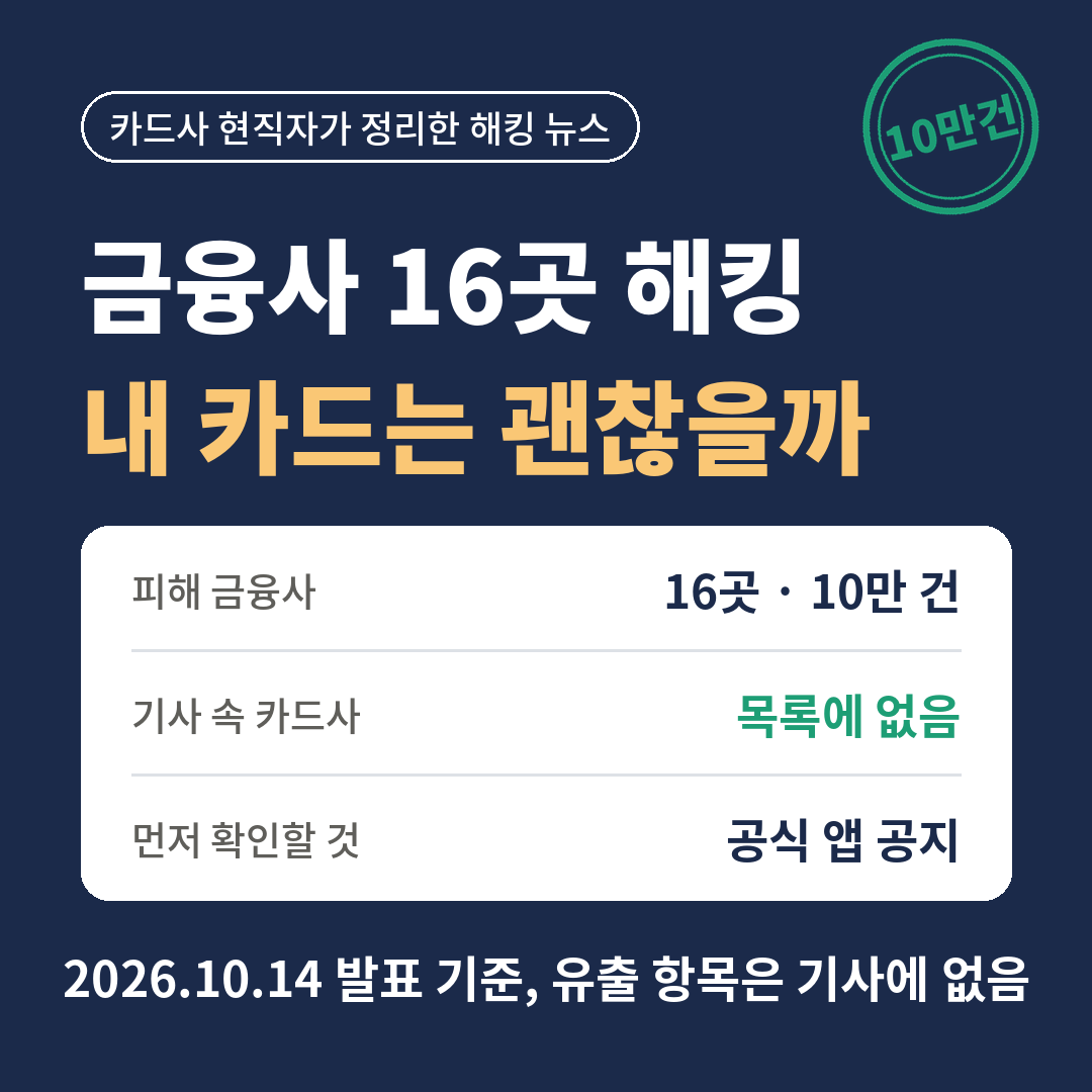 금융사 16곳 해킹으로 개인정보 약 10만 건이 유출됐다는 2026년 10월 14일 발표 내용을 정리한 썸네일