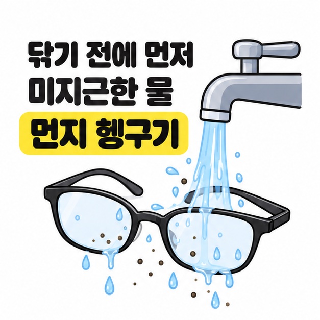 수도꼭지의 물이 안경 렌즈 위로 흐르며 먼지 점들이 씻겨 내려가고 미지근한 물로 먼저 헹구도록 안내한 그림