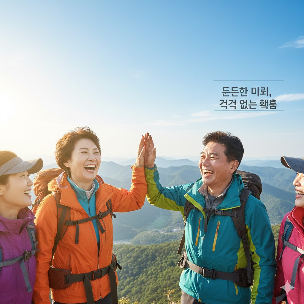 등산복 차림으로 산 정상에서 환하게 웃으며 동료들과 하이파이브를 하는 중년 부부