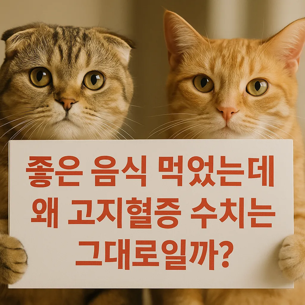 두 마리 고양이가 "좋은 음식 먹었는데 왜 고지혈증 수치는 그대로일까?"라는 빨간 글씨가 적힌 스케치북을 들고 있는 모습.