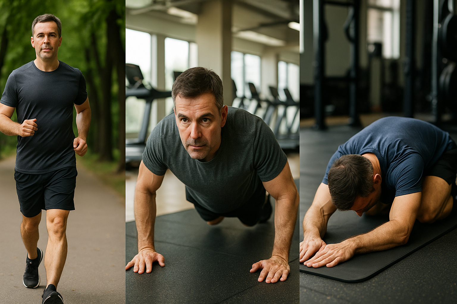 40대 남성이 유산소 운동, 근력 운동, 스트레칭 회복을 실천하는 모습을 세 장면으로 나타낸 이미지