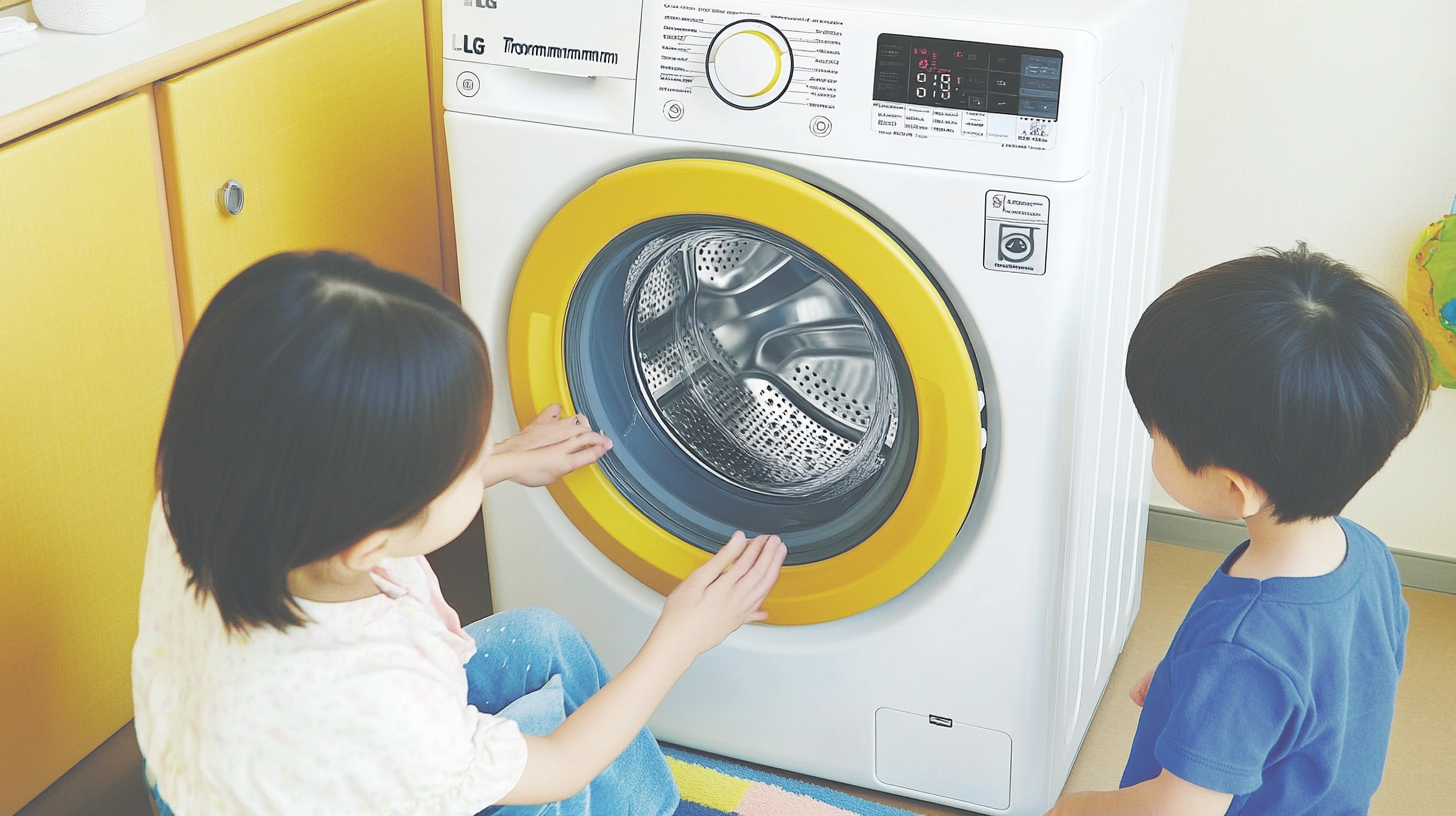 넓은 드럼과 사용자 친화적 인터페이스를 강조하며 LG 트롬 세탁기에 세탁물을 넣고 빼는 가족의 모습.