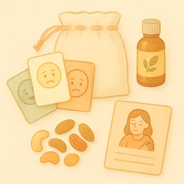 알코올 갈망과 재발 위기를 이겨내기 위한 회복 응급 키트 구성: 감정 카드, 아로마 오일, 건강 간식, 지지자 연락처가 담긴 파우치 이미지