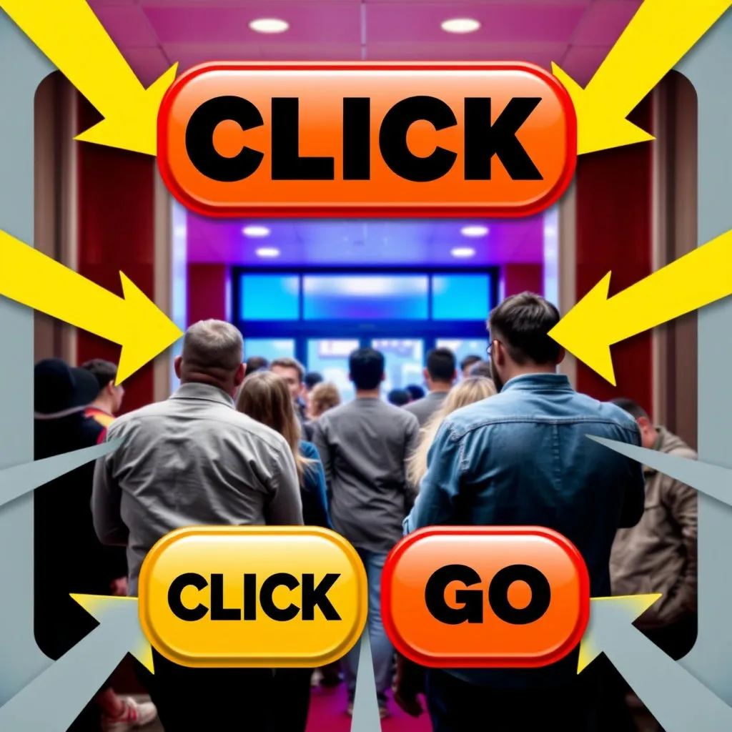 역동적인 화살표나 'CLICK', 'GO'와 같은 문구가 포함된 버튼이 강조되어 있습니다. 배경에는 설레는 표정으로 영화관 입구로 향하는 사람들의 뒷모습이 보이며, 행동을 독려하는 느낌을 줍니다.