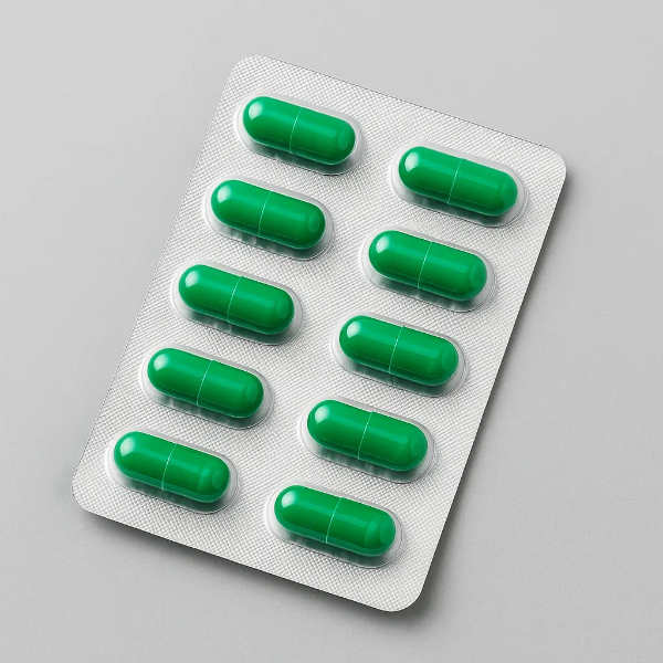 회색 배경 위에 초록색 캡슐 약이 담긴 블리스터 팩의 정돈된 스튜디오 이미지