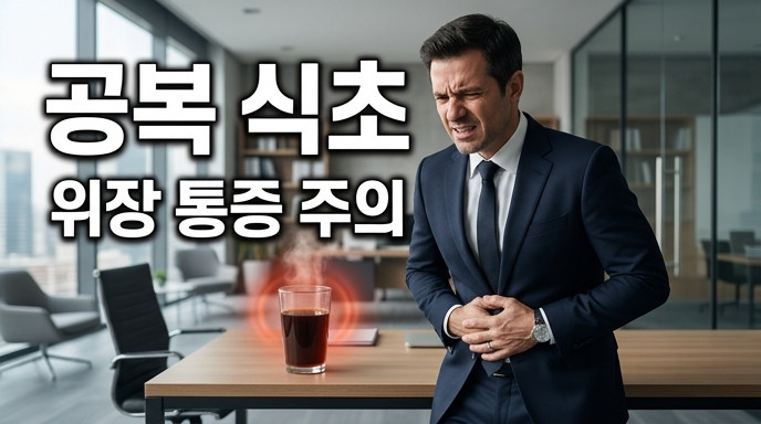 공복 식초 섭취 시 발생할 수 있는 위장 통증 주의를 경고하며 배를 움켜쥐고 고통스러워하는 남성의 이미지