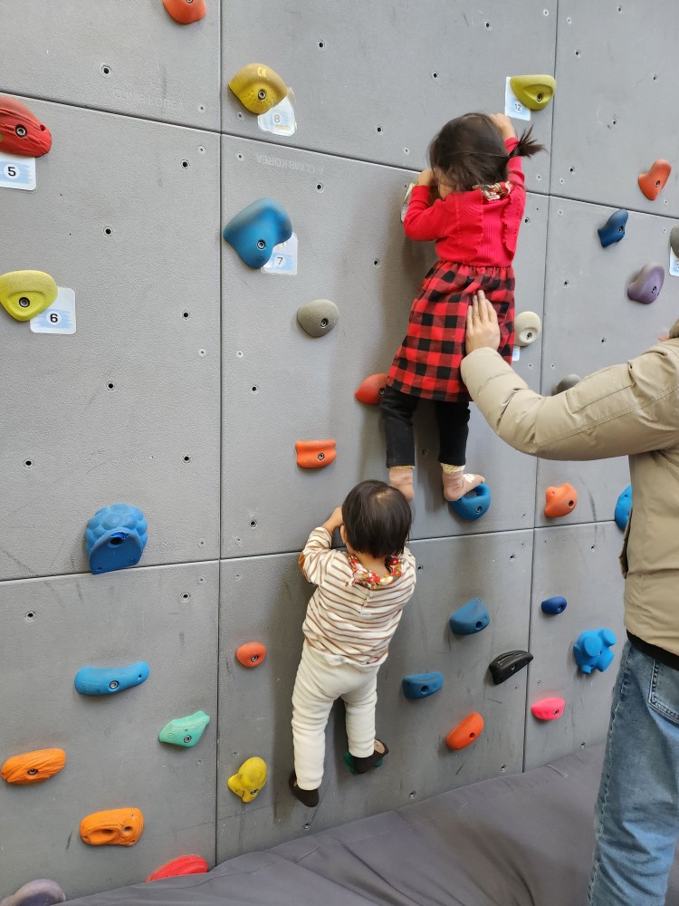 실내 암벽 체험을 하는 아이