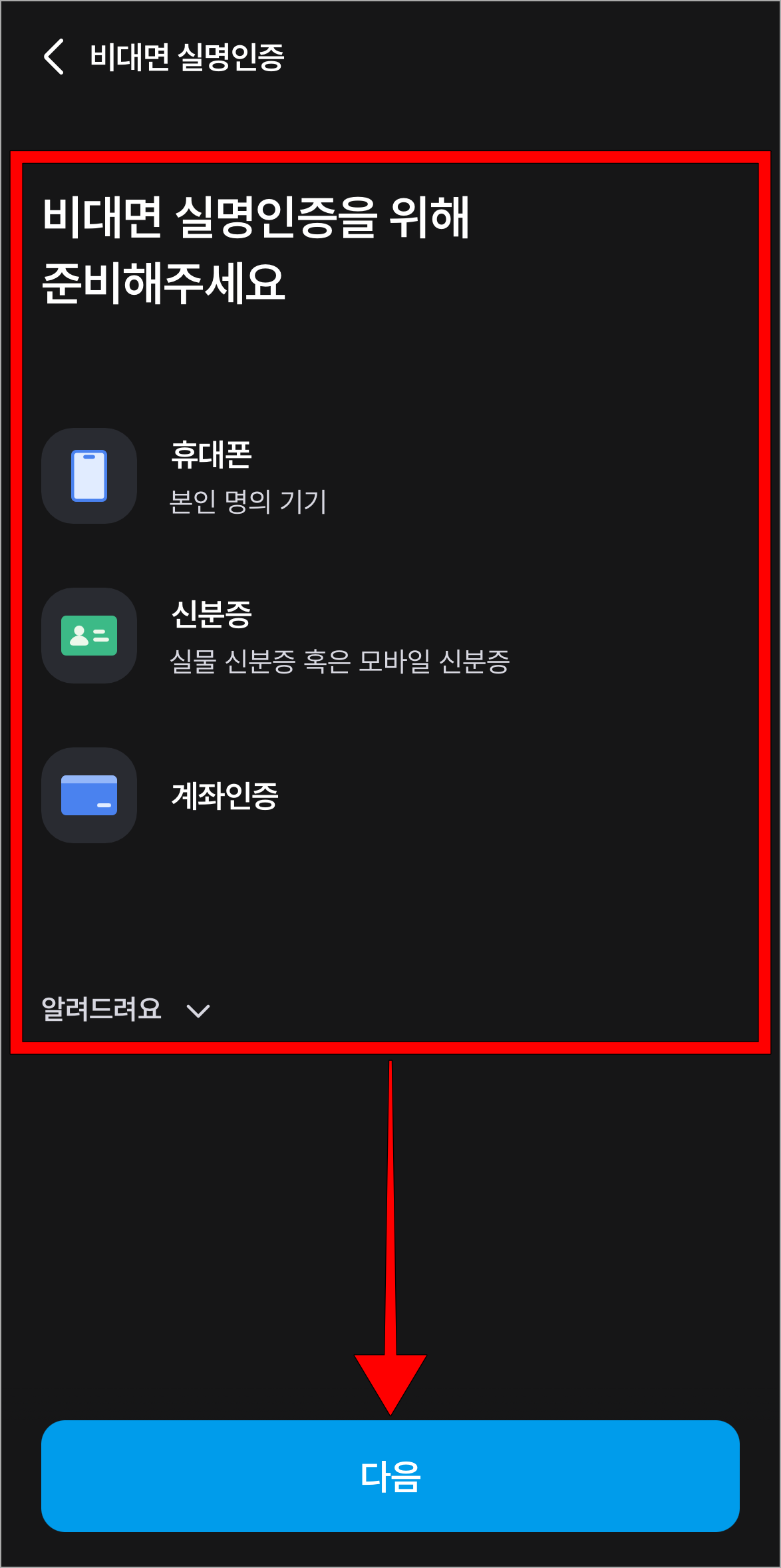 비대면 실명인증 안내를 확인하고, 다음을 선택