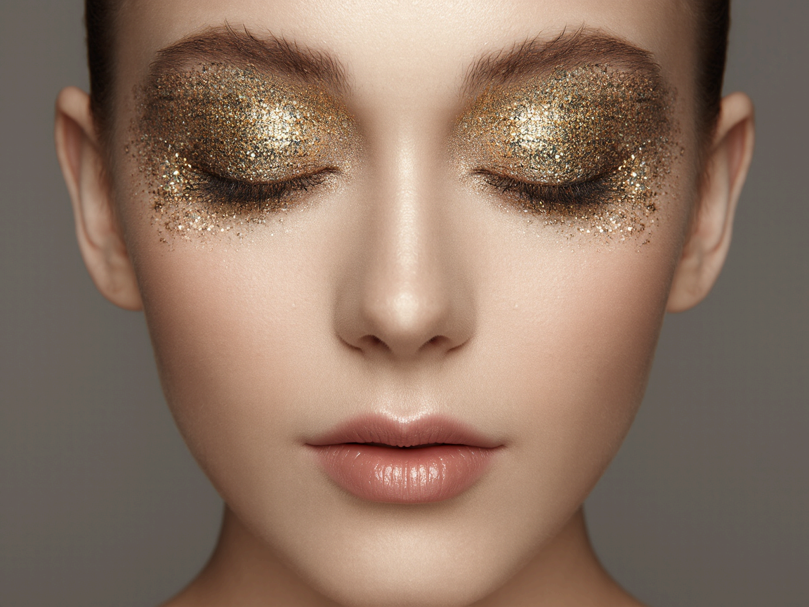 눈 감은 상태에서 금색 반짝이 섀도우 강조.