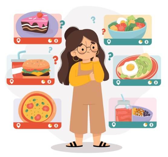 당뇨에 좋은 음식과 안 좋은 음식 중 뭘 먹을지 고민하는 여성