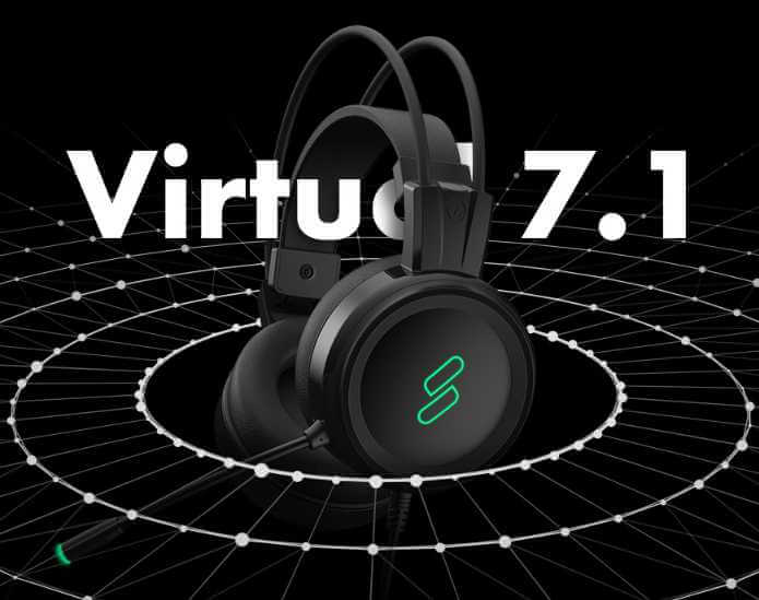 HM100 클로버 헤드셋, 네온 그린 로고와 함께 몰입감 넘치는 가상 7.1 채널 사운드를 강조하는 다이나믹한 제품 사진