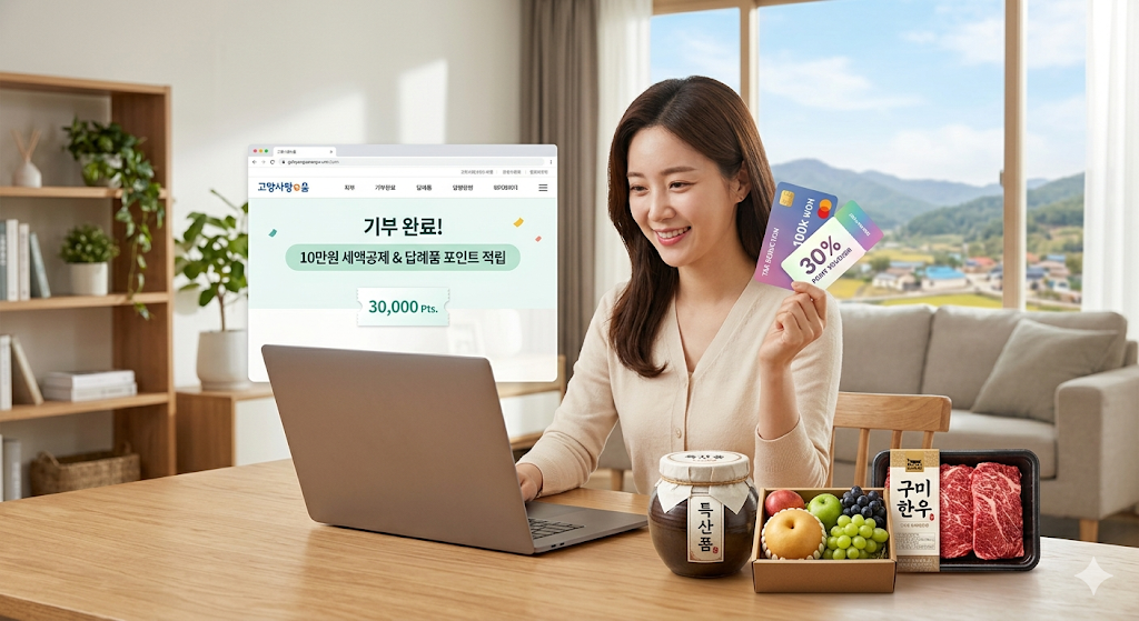 고향사랑기부제의 세액공제 혜택과 답례품 지급 내용을 안내하는 인포그래픽