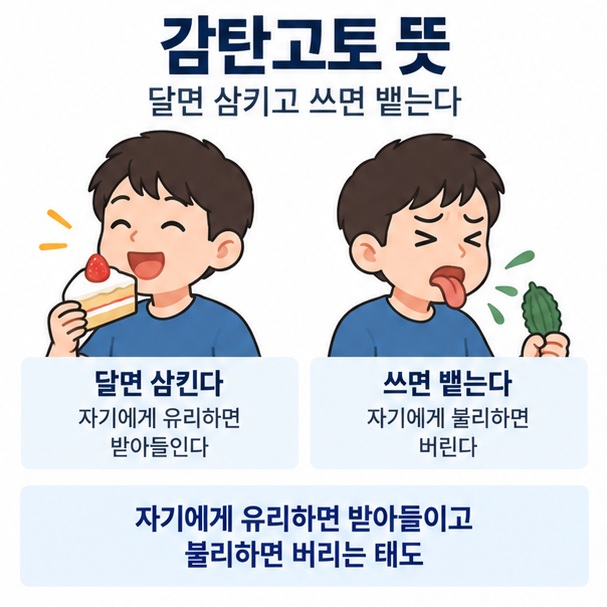 감탄고토 뜻이라는 제목과 단 것은 삼키고 쓴 것은 뱉는 모습을 비유적으로 표현한 대표 이미지