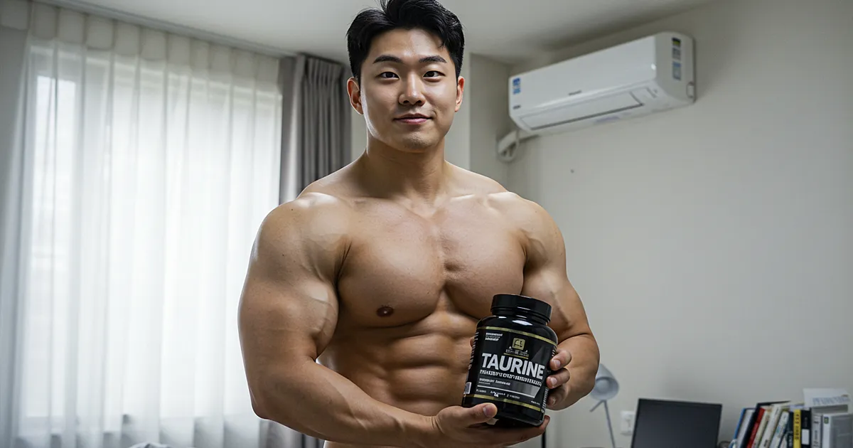 보디빌더가 방 안에서 타우린 보충제를 들고 웃는 사진