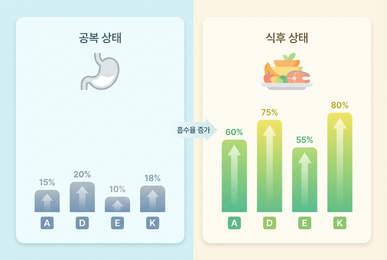 공복 상태와 식후 상태에서 비타민 흡수율을 비교한 막대 그래프 형태 인포그래픽, 숫자 없이 높이 차이로 표현