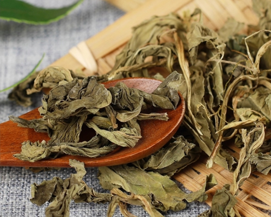 야외에서 채취를 한 영능향의 줄기와 잎을 깨끗하게 세척을 한 후에 건조시킨 것을 바닥에 대나무 깔판과 나무 숟가락 위에 여러 개 흩어 놓고 찍은 사진