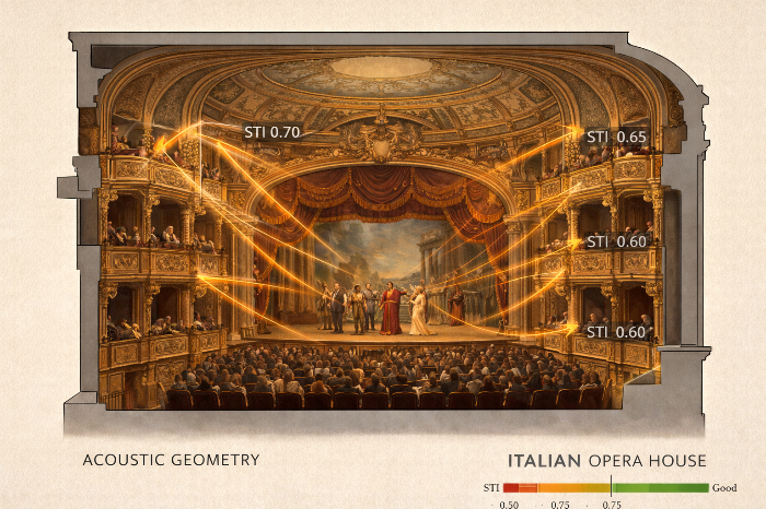 말발굽 형태 오페라 극장의 음향 반사 경로를 보여주는 건축 단면도